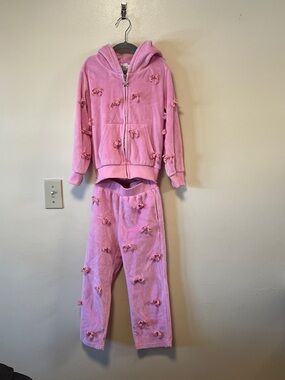 Pink Bow-Embellished Velour Hoodie & Joggers Set